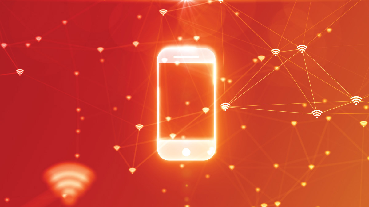 Stylized smartphone icon at the center of a network of glowing Wi-Fi symbols against a vibrant orange background.