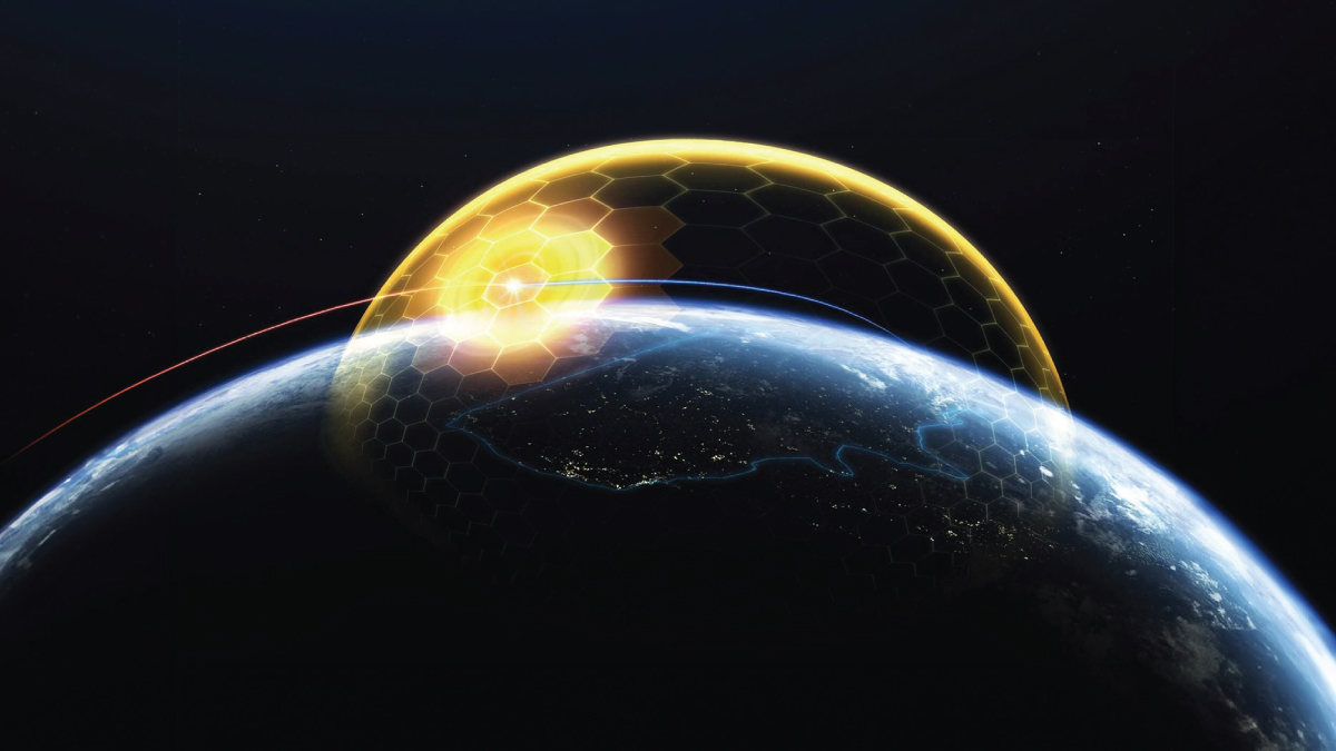 Satellite view of Earth with a glowing hexagonal golden dome above the atmosphere, representing the U.S. Golden Dome Programme and its strategic benefits for satellite operators, including enhanced space security and advanced tech integration.