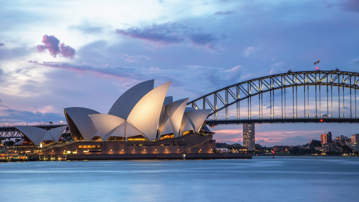 Twilight view of Sydney Opera House and Harbour Bridge.
