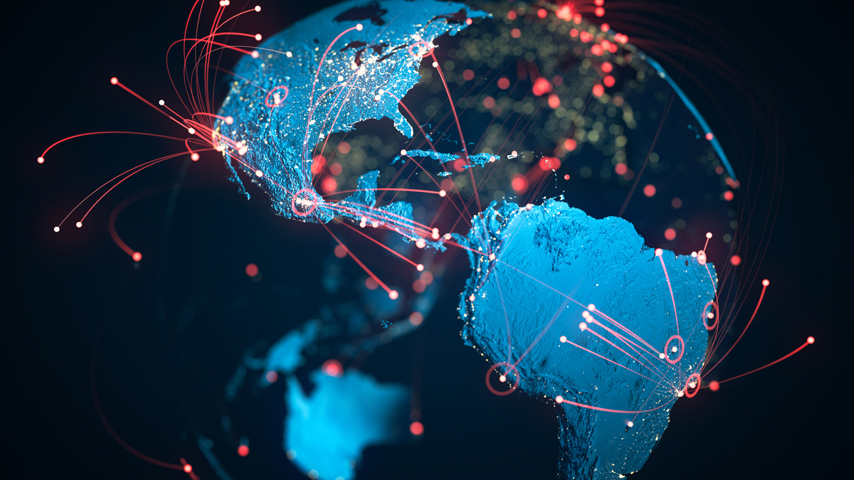 Global cyber threat visualization, showing red data lines and hotspots across Earth to highlight space-based vulnerabilities and digital attack patterns.