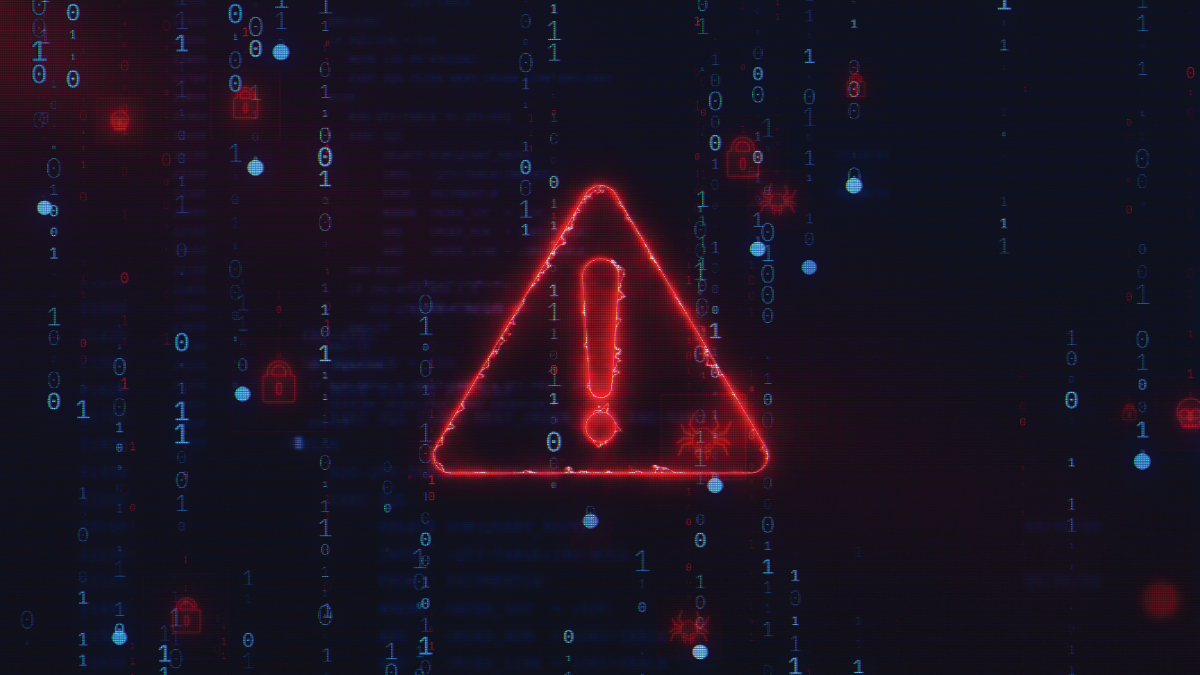 Cybersecurity alert graphic with red warning symbol, binary code, and virus icons, illustrating adversarial AI threats and digital system vulnerabilities.