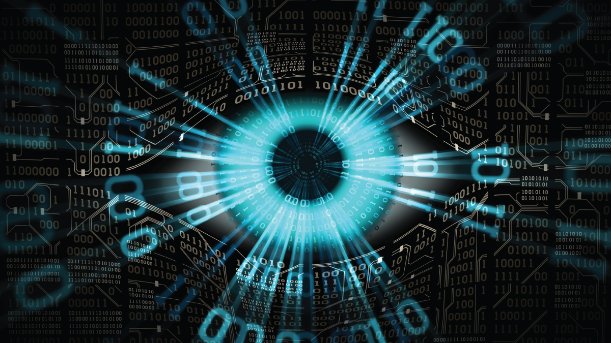 Stylized glowing blue digital eye composed of binary code and circuit-like patterns over a schematic background.