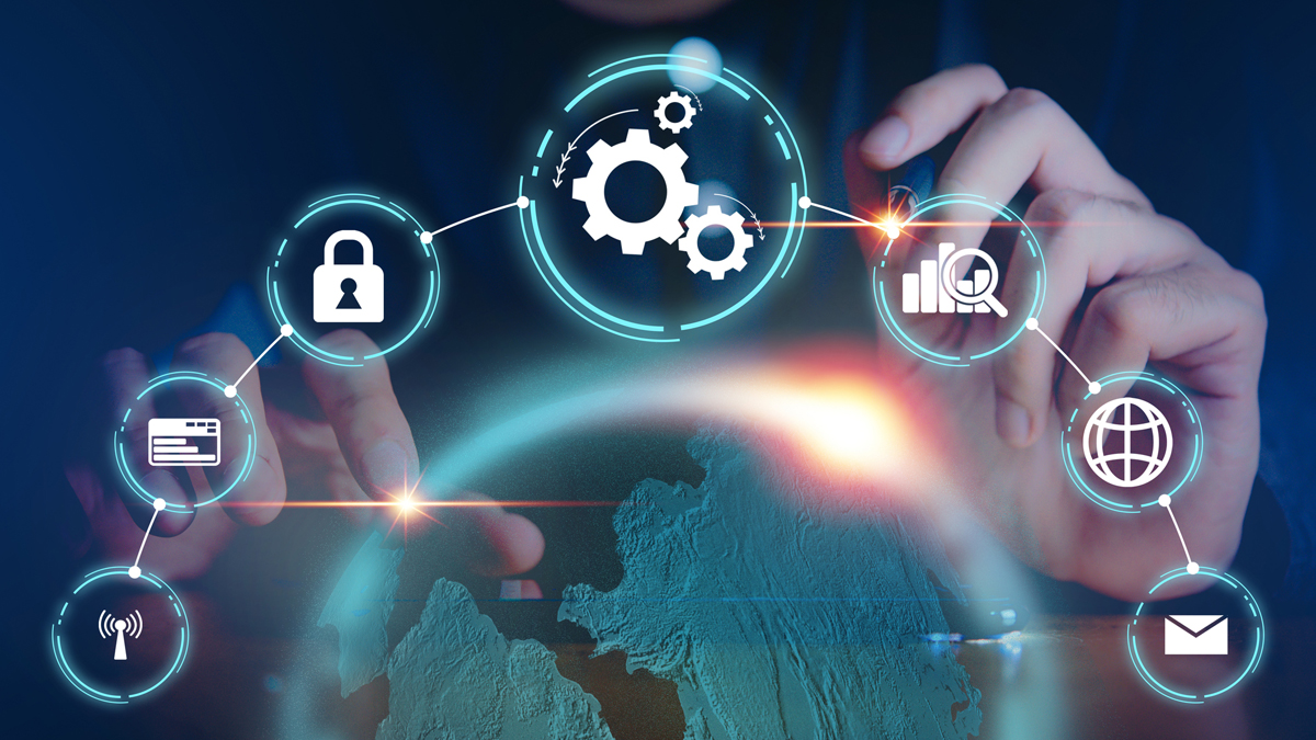 A digital composite image of a person interacting with a futuristic interface displaying cybersecurity, networking, and automation icons over a glowing Earth.