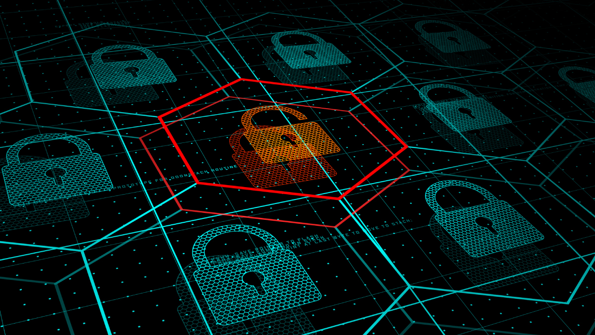 Grid of blue padlocks on a dark technical background with a single orange padlock highlighted by a red outline, representing a breached or vulnerable node in an otherwise secure network.