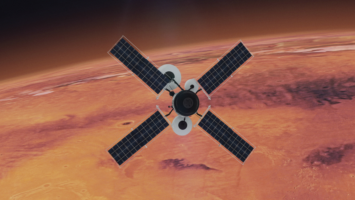 Satellite with four X-shaped solar panels and a central instrument bus orbiting Mars above reddish, cratered terrain.