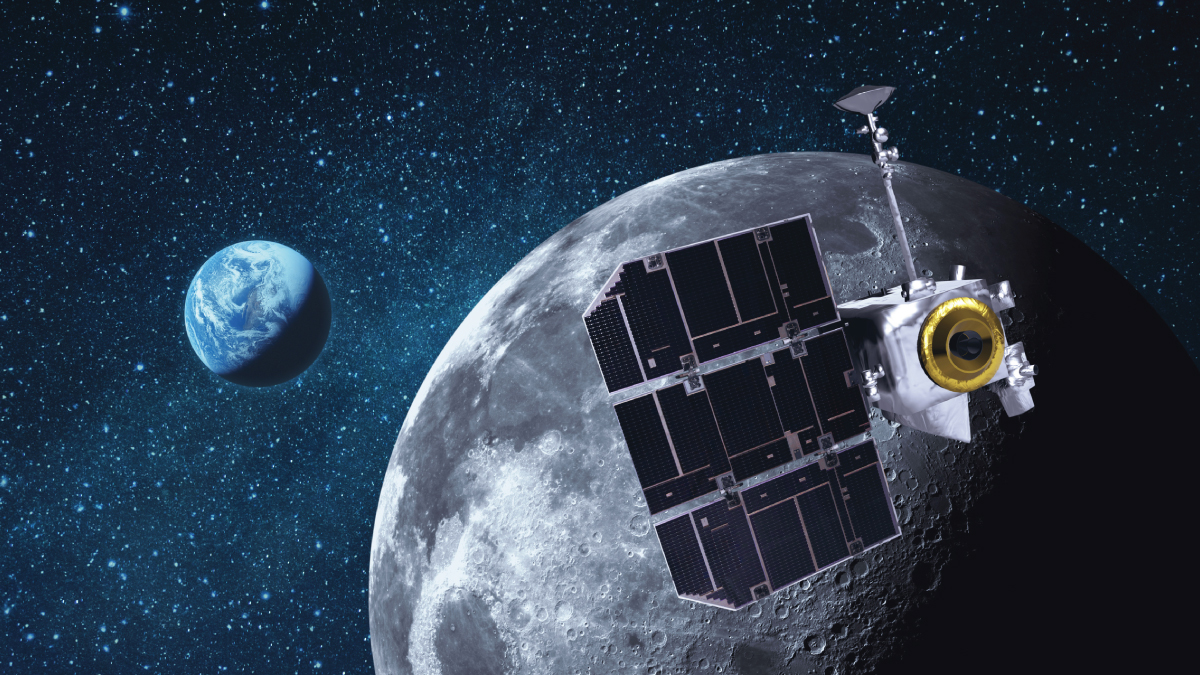 Spacecraft orbiting the Moon with Earth in view, showcasing Blue Canyon's cislunar technology and strategic positioning for space-based operations.