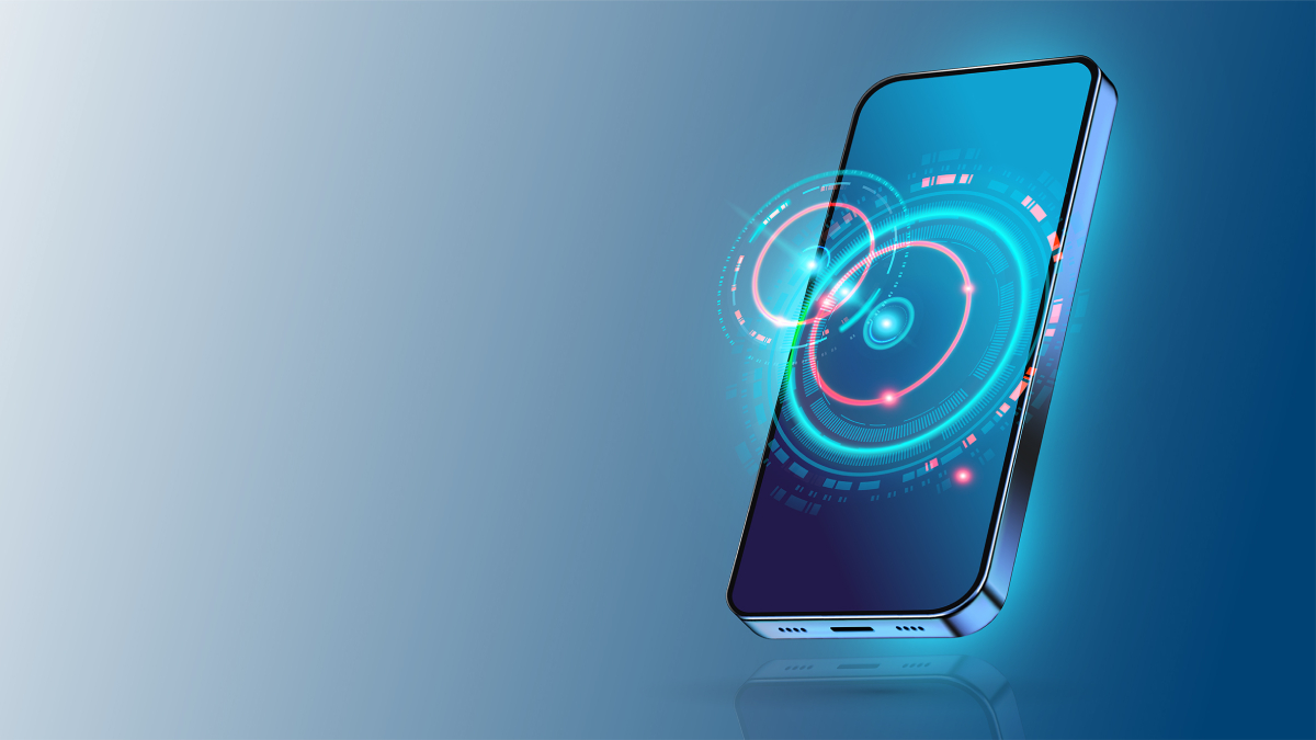 Futuristic smartphone with a glowing circular interface elements emerging from its screen.