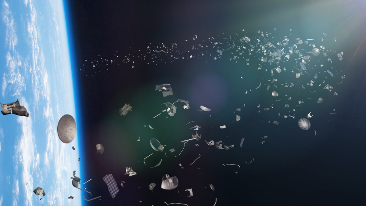 Illustration of a dense field of space debris and satellite fragments orbiting Earth against a dark background.