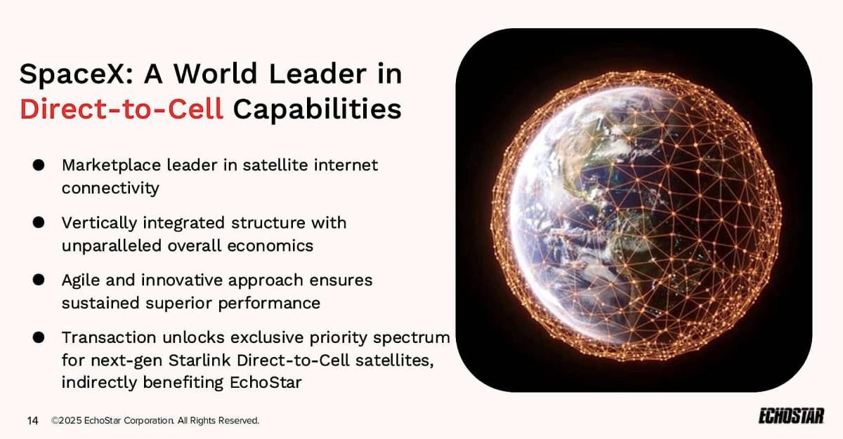 EchoStar slide highlighting SpaceX's leadership in direct-to-cell satellite technology, emphasizing strategic spectrum access and benefits to EchoStar from the Starlink partnership.