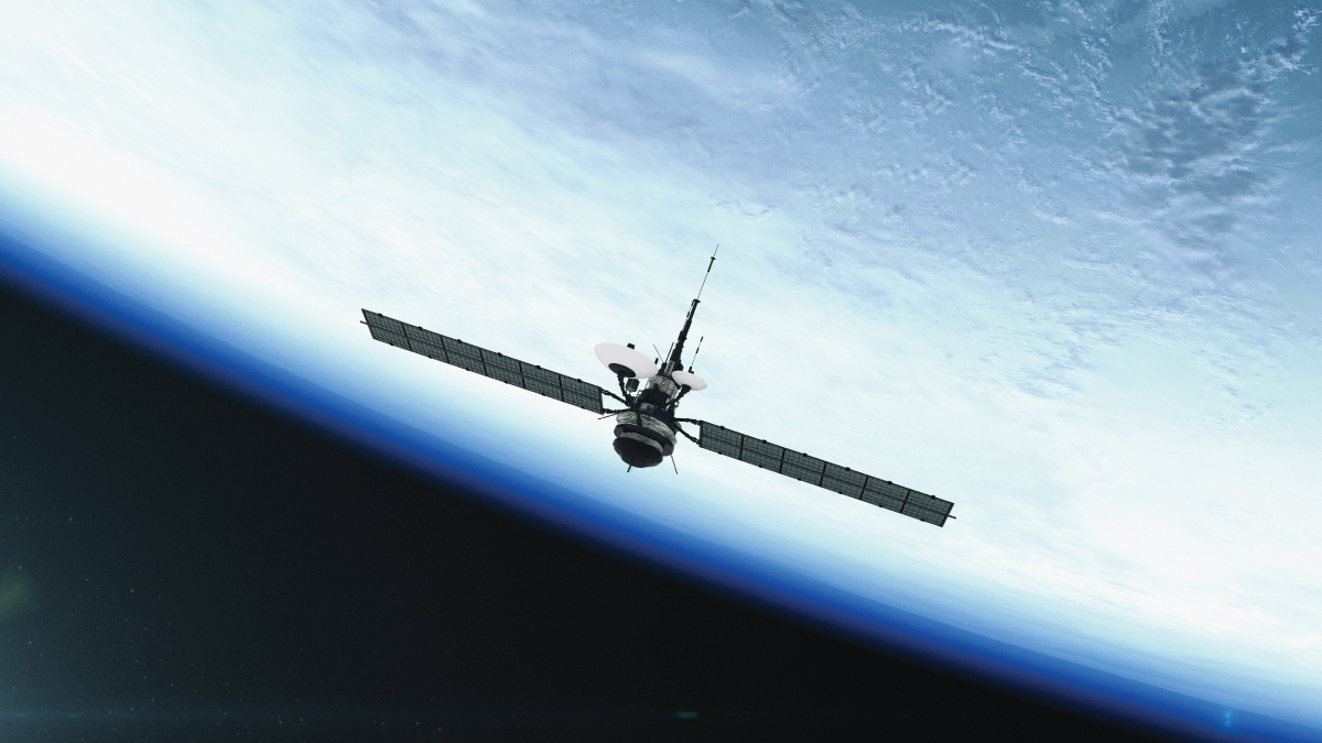 Satellite with extended solar panels and a dish antenna orbiting above Earth’s curved, cloud-covered surface.