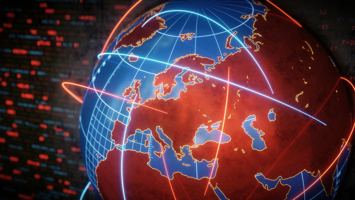 A stylized globe showing geopolitical vectors as glowing lines over Europe, symbolizing global connectivity and data.