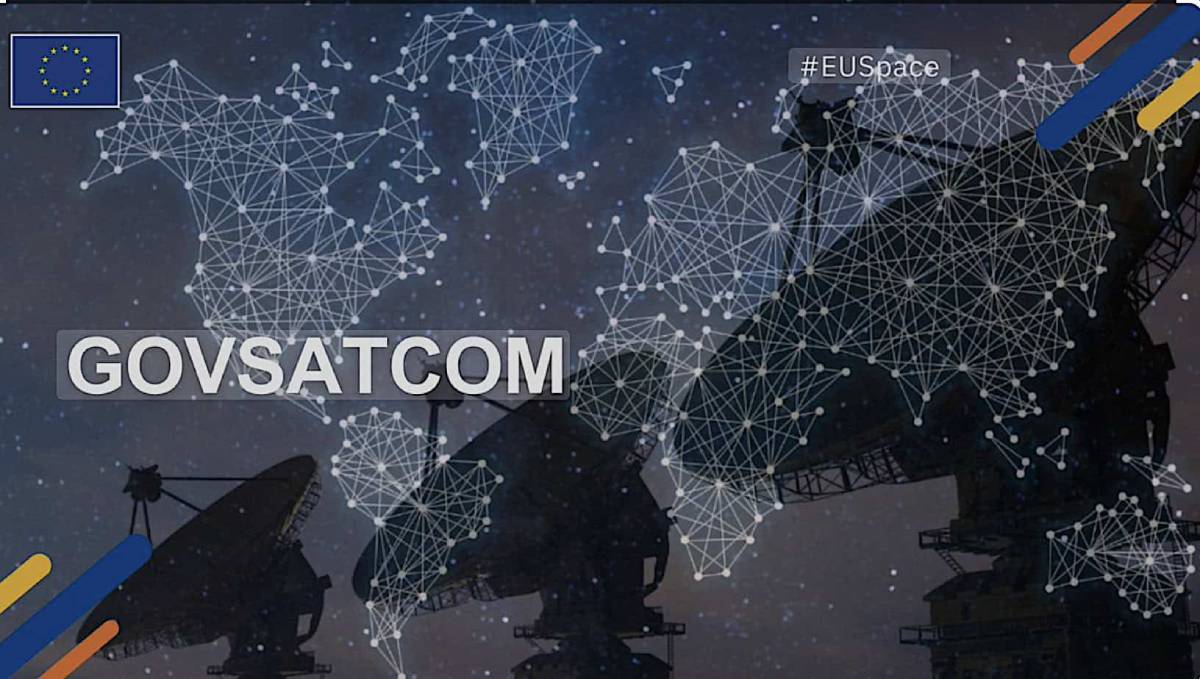 Satellite dishes and a mesh network world map illustrate the EU's GOVSATCOM initiative for secure government satellite communications, with Ukraine invited to participate.