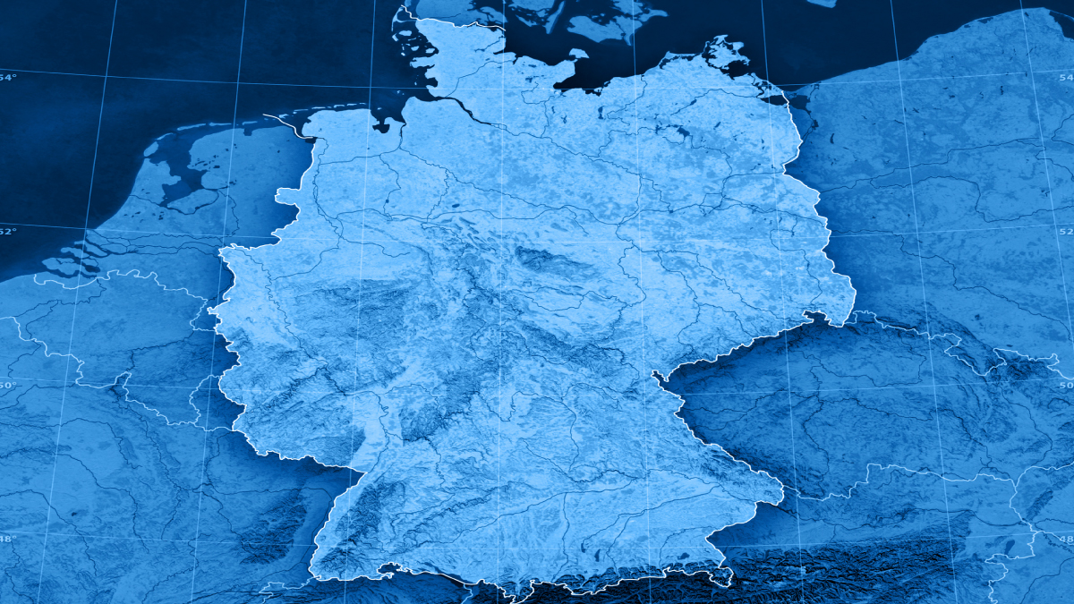 Topographic map of Germany and neighboring countries showing elevation, mountain ranges, rivers, national borders, and latitude lines.