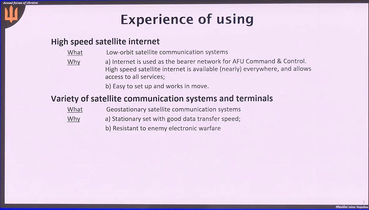 Presentation slide comparing Ukraine's experience with high-speed, mobile LEO satellite internet versus stationary, EW-resistant GEO satellite communications systems.