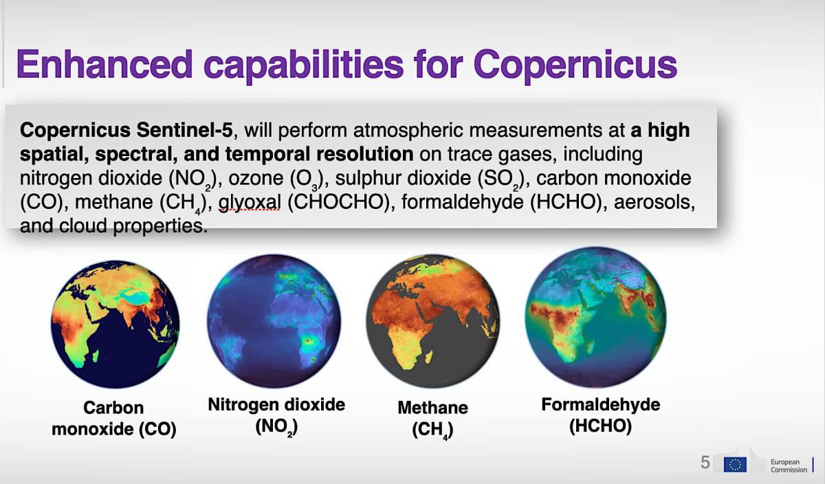 Copernicus Sentinel-5 enhanced capabilities infographic highlighting high spatial, spectral and temporal resolution measurements of atmospheric trace gases (CO, NO2, CH4, HCHO, O3, SO2, CHOCHO), aerosols and cloud properties.