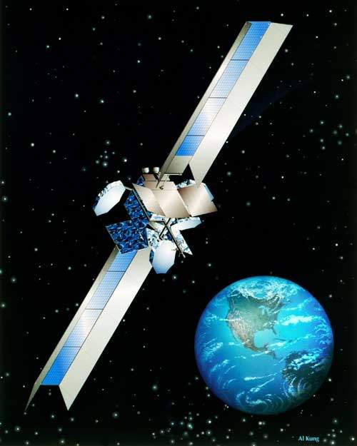 Illustration of a geostationary satellite with large solar panels orbiting Earth, likely for communications or surveillance.