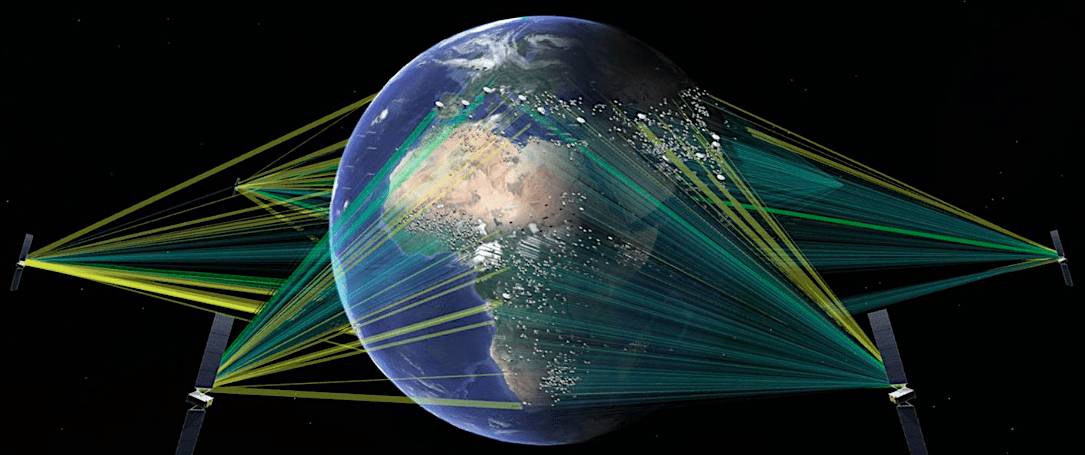 Illustration of SES's mPower network, depicting two satellites providing high-throughput data connections to Earth with green and yellow light paths.