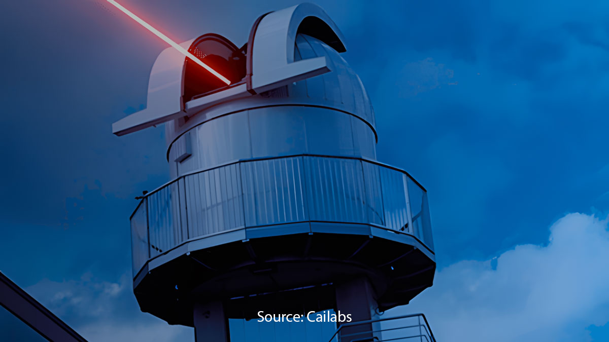 LEO Satellite Optical Terminal with a laser beam against a twilight sky.