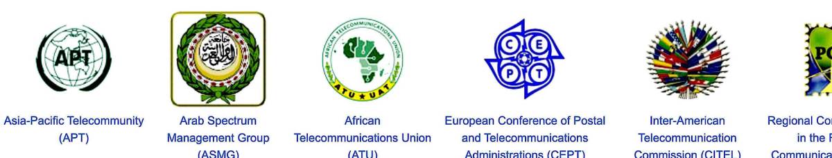 Logos of six regional telecommunications organizations involved in global spectrum governance, highlighting international stakeholders in X-band spectrum debates at the World Radiocommunication Conference.