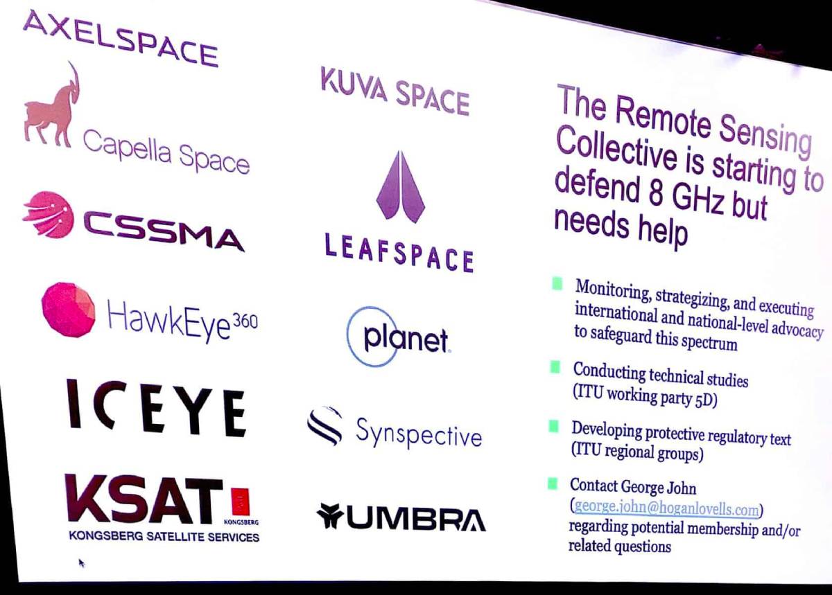 Logos of 11 remote sensing companies united to defend the 8 GHz band, highlighting industry advocacy against X-band spectrum reallocation at the World Radiocommunication Conference.