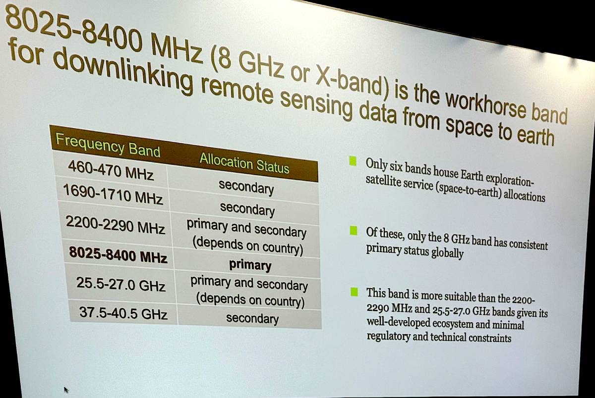 Slide detailing global frequency allocations for Earth exploration-satellite services, emphasizing the 8025-8400 MHz X-band as the only consistently primary spectrum under threat at the World Radiocommunication Conference.