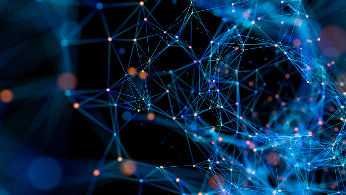 An abstract digital network of glowing blue lines and orange nodes connected together against a dark background, representing complex data systems.