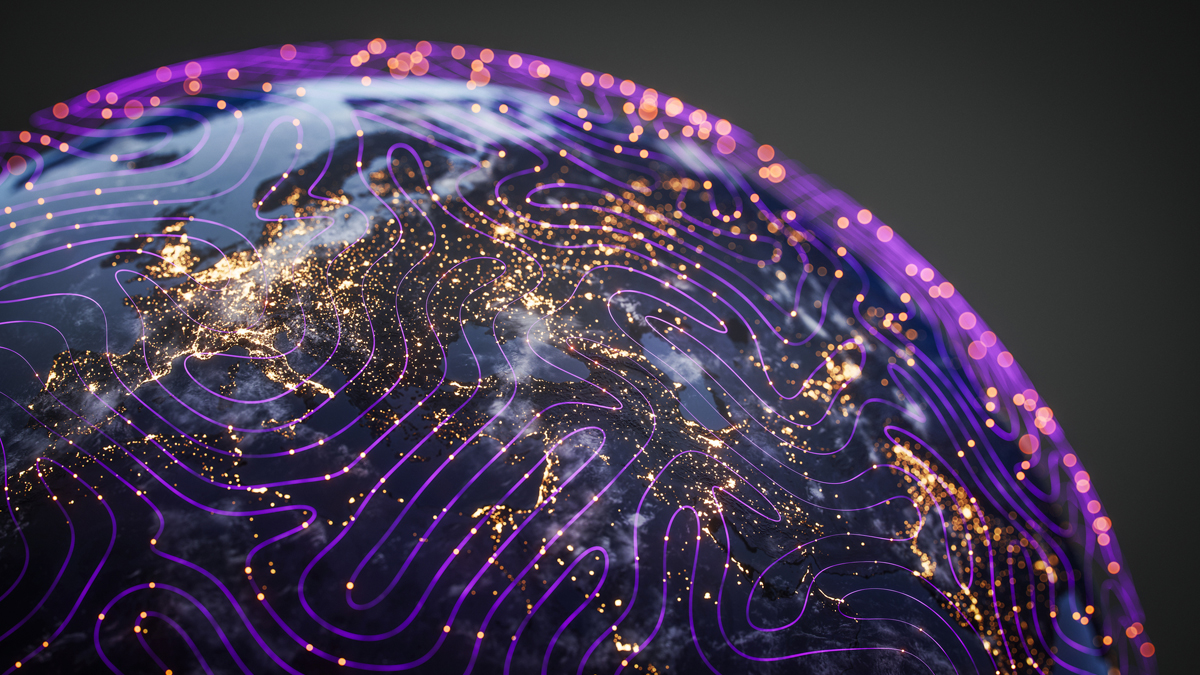 A stylized 3D rendering of Earth at night overlaid with glowing purple and gold data pathways representing complex autonomous satellite networks and global connectivity.