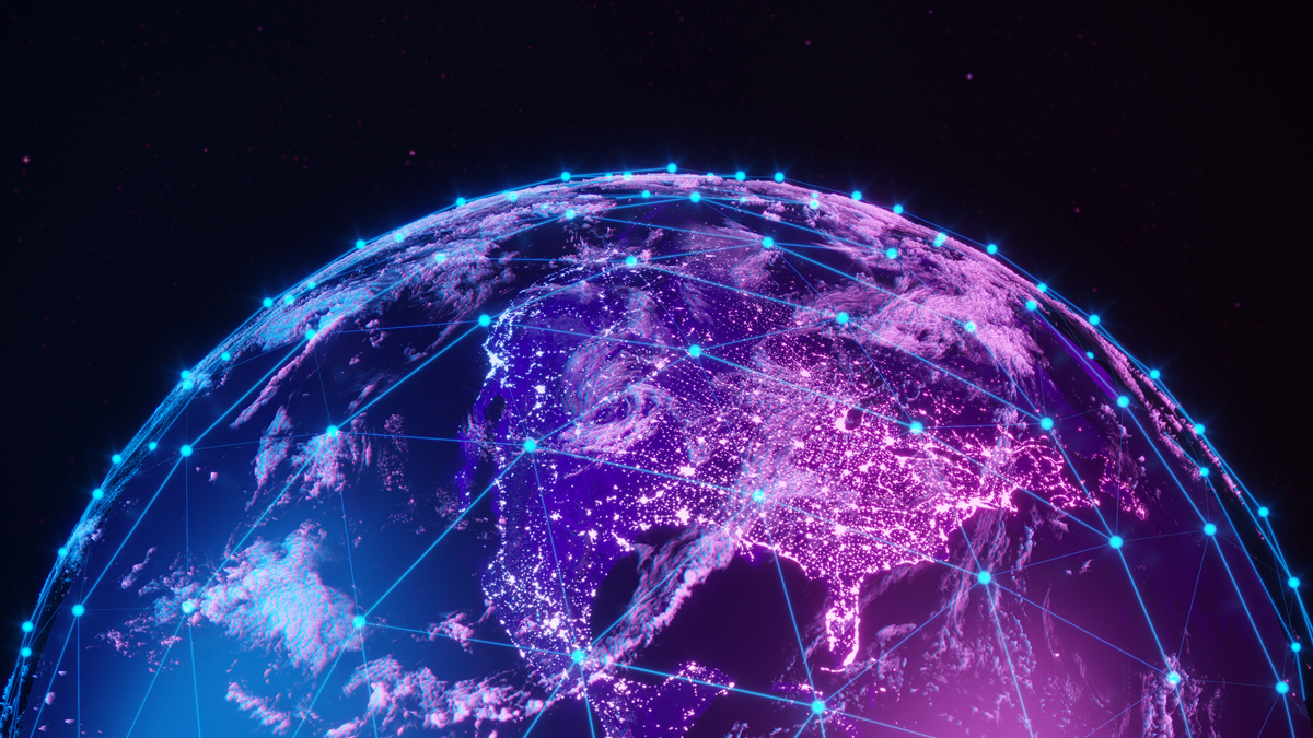 An abstract digital illustration of the Earth from space, focusing on North America lit up in purple and white lights and overlaid with a glowing blue, interconnected network grid representing satellite signals.