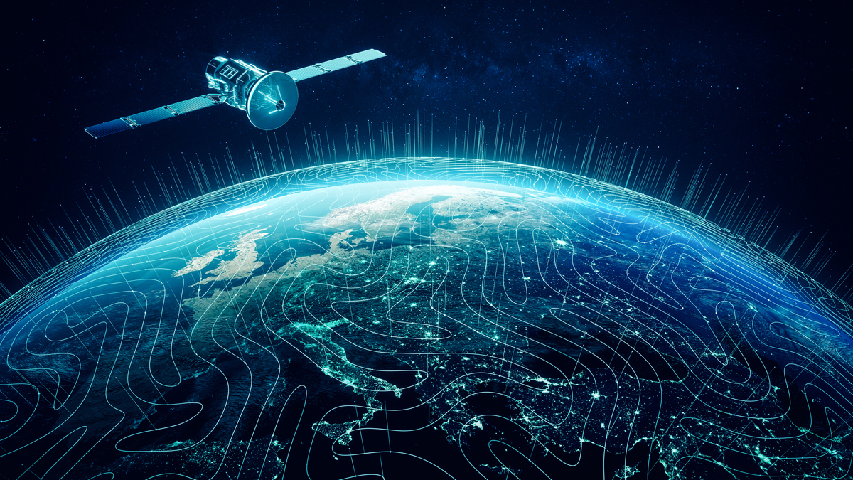 An artistic digital illustration depicts a satellite with extended solar panels orbiting high above a glowing blue Earth, which is covered in winding network connection lines and upward-pointing light beams to symbolize global data connectivity.