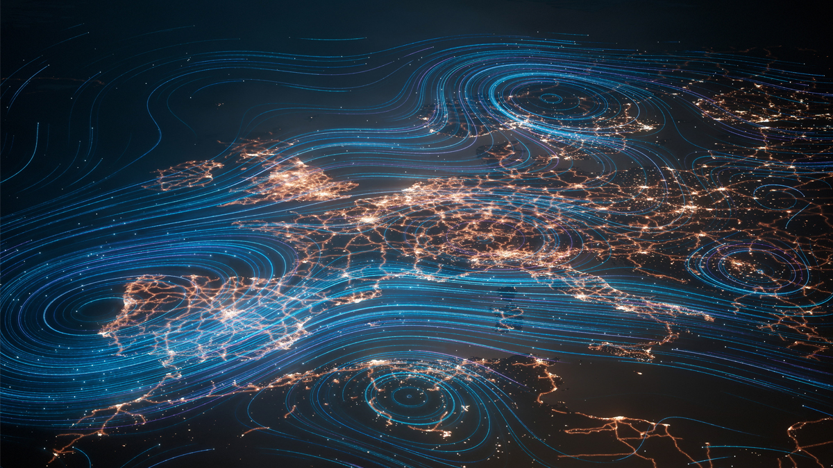 An aerial digital concept illustration of Europe at night, showing city lights connected by networks of glowing amber lines overlaid with sweeping, concentric blue light trails that simulate satellite communication orbits and data flows.