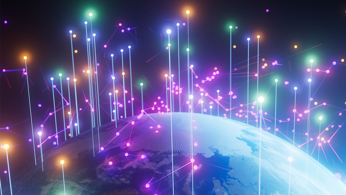 An abstract digital illustration of the Earth wrapped in a glowing, multi-colored network of nodes and rising vertical light beams representing a complex global communication or space network.