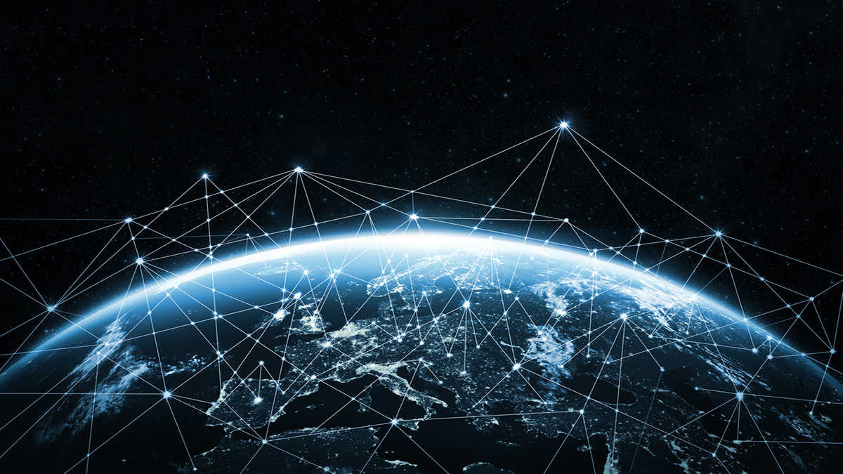 A digital illustration depicts a glowing network of interconnected lines and nodes forming a mesh overlay above the Earth's horizon against a starry background.