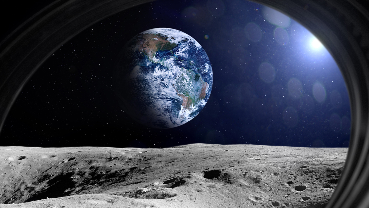 View of Earth rising above the Moon's cratered surface, seen through the frame of a spacecraft window.