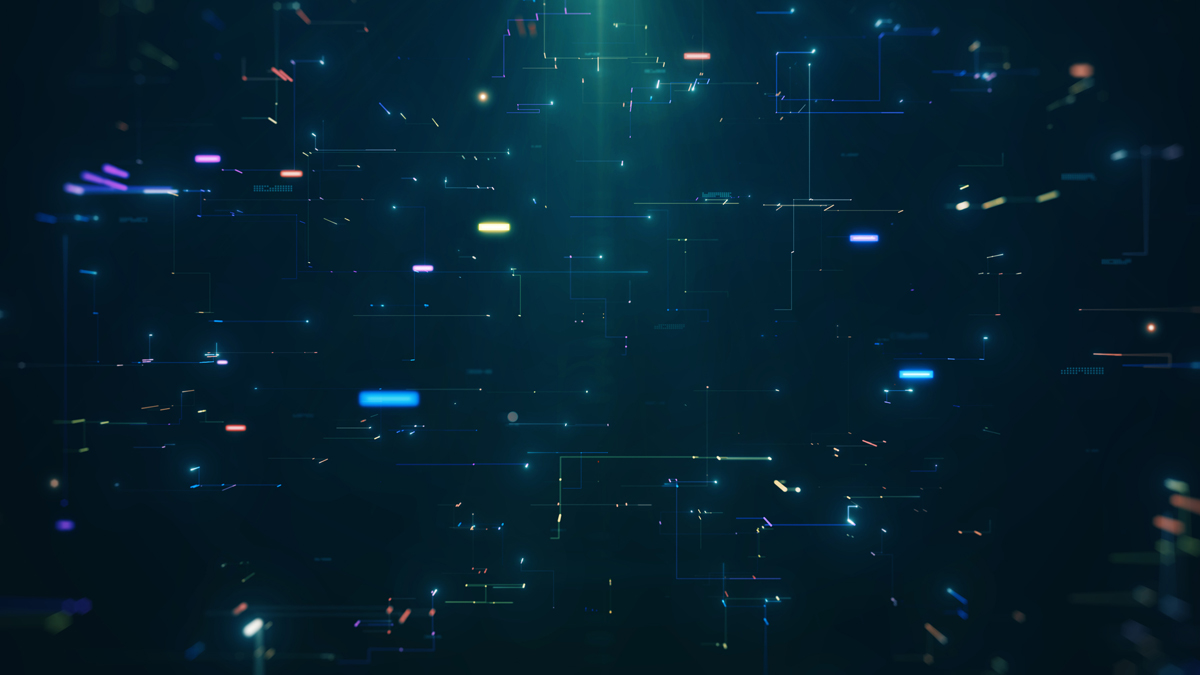 Abstract digital visualization of a data network with glowing blue, green, and purple geometric lines and dots.