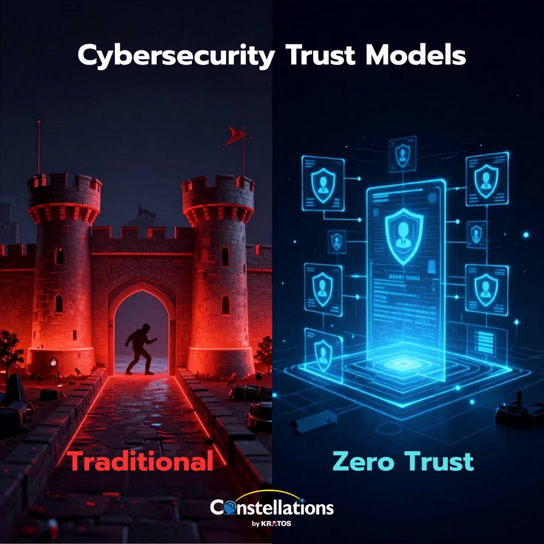 An infographic contrasts traditional cybersecurity, illustrated by a dark castle with a glowing red gate, against a zero-trust model, depicted by a futuristic network of glowing blue digital identity profiles.