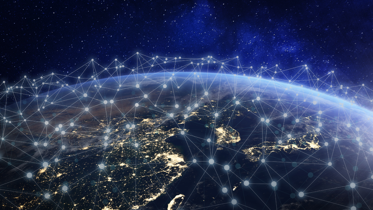 Digital network overlay of connected white dots and lines covering Earth viewed from space at night.