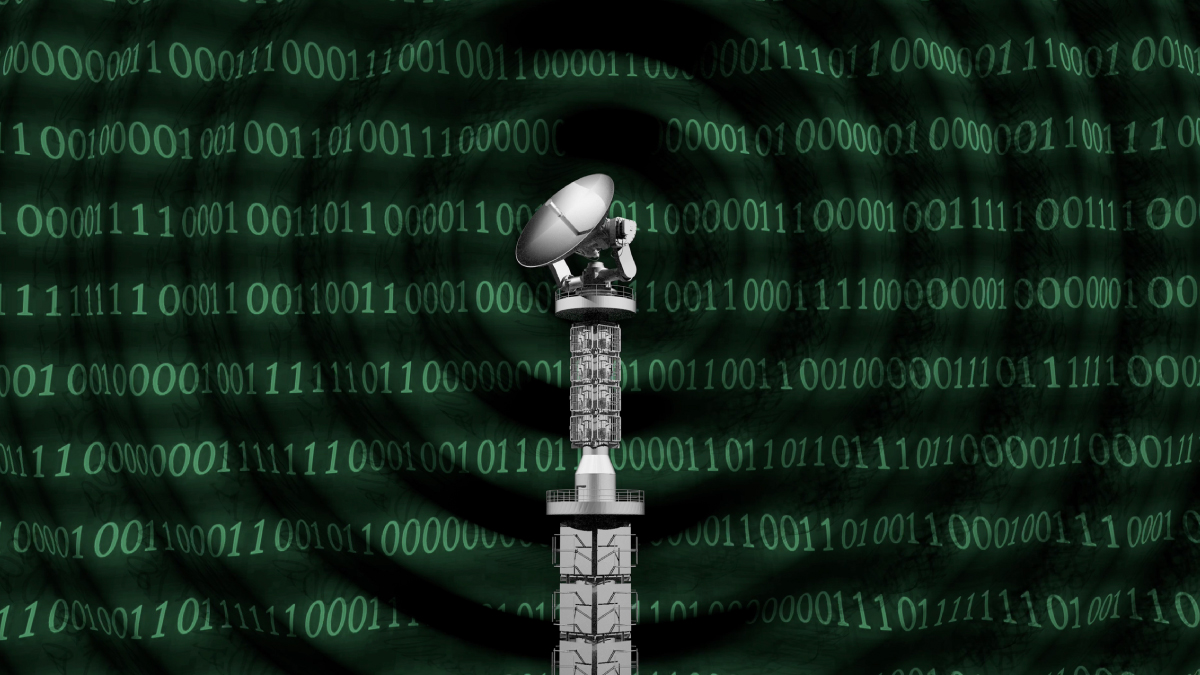 A satellite dish tower is centered against a digital background of green concentric circles filled with scrolling binary code digits.