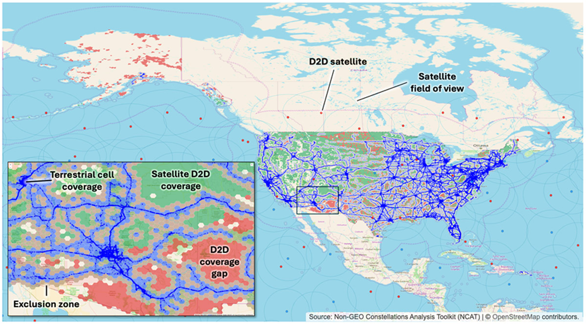 A map visualization of a December 2025 NCAT simulation displaying T-Satellite's North American coverage by contrasting dense terrestrial cell networks with satellite Direct-to-Device fields of view and identifying coverage gaps.