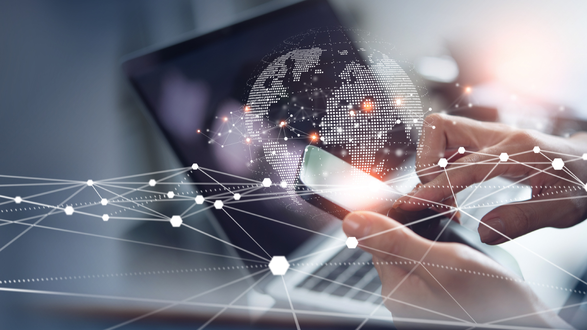 Hands holding a smartphone with a digital globe overlay representing global D2D satellite network connectivity.