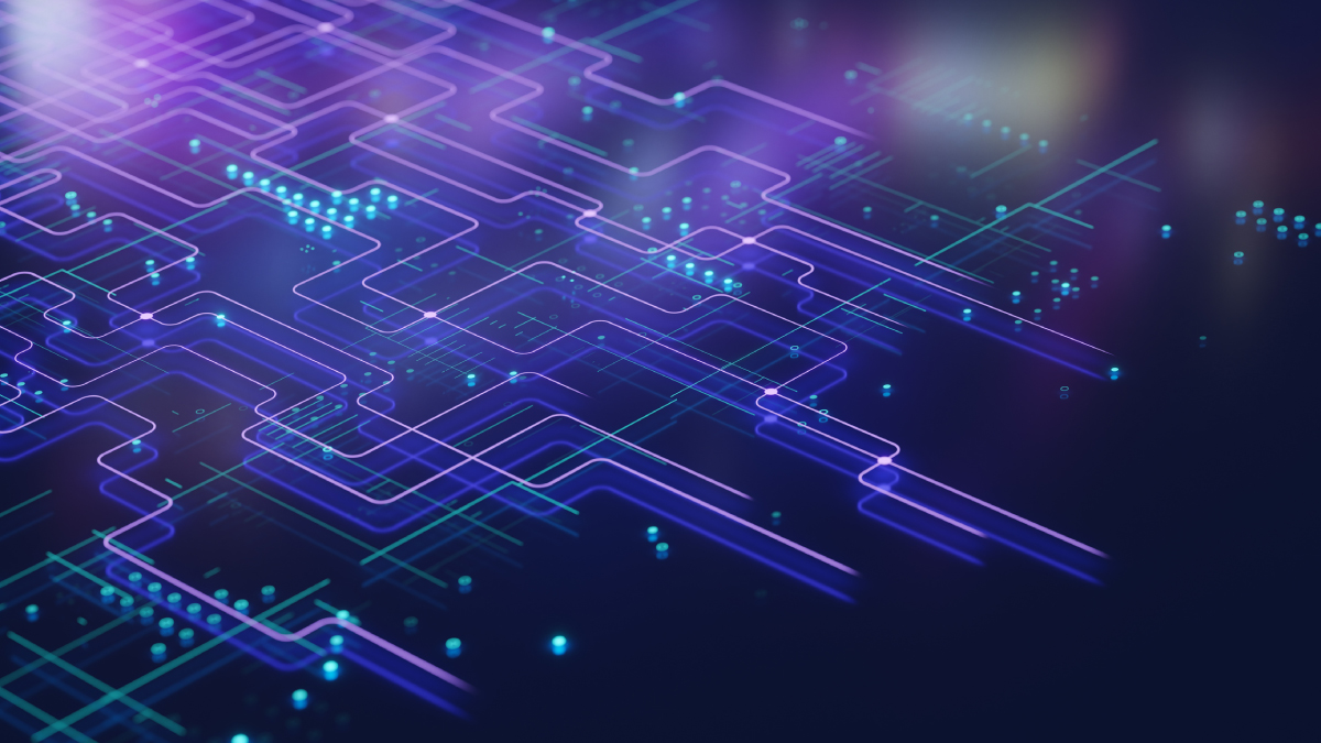 A digital network grid of glowing purple and blue circuit lines with illuminated nodes over a dark background, illustrating software-defined networking.