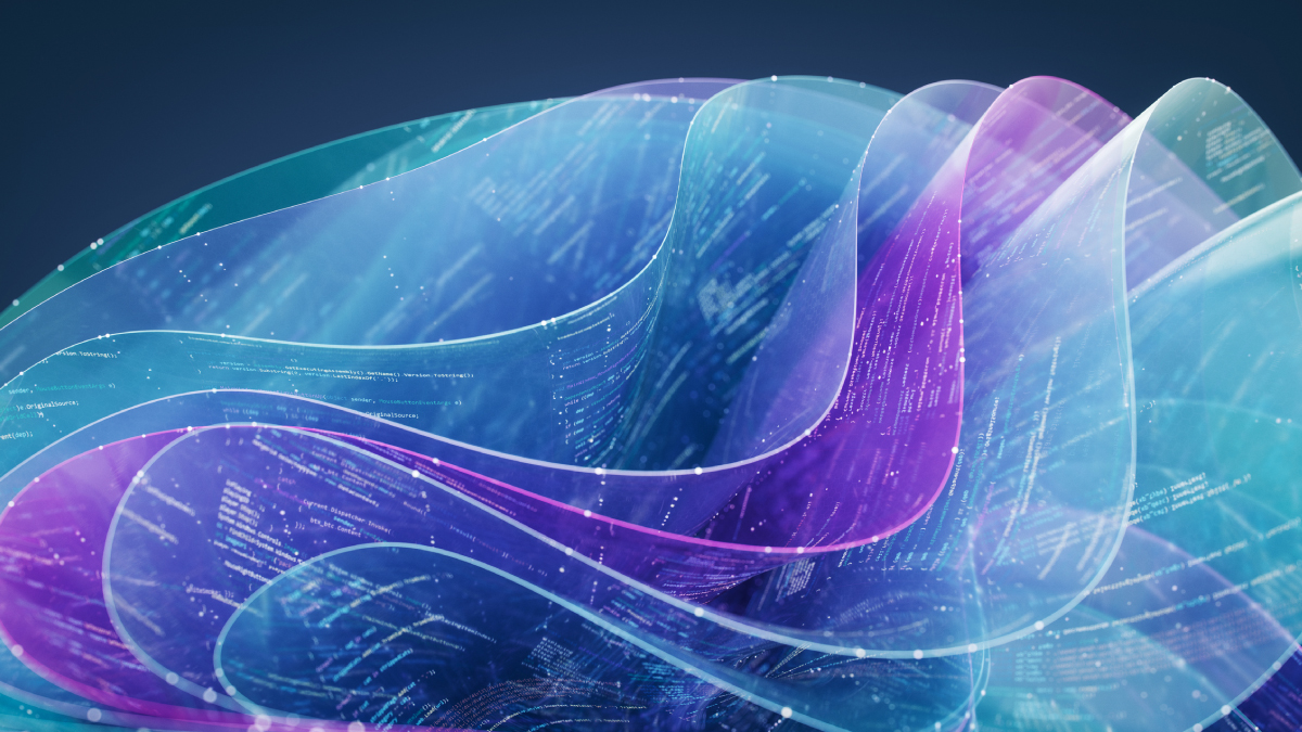 Abstract digital artwork featuring translucent, flowing ribbons in shades of blue and purple, overlaid with glowing white computer code against a dark background.