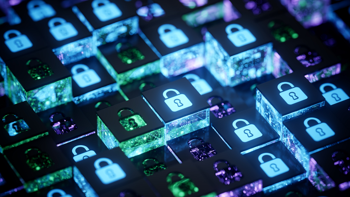 An array of glowing, futuristic glass cubes featuring digital padlock icons on their faces sits tightly packed together in a grid pattern.