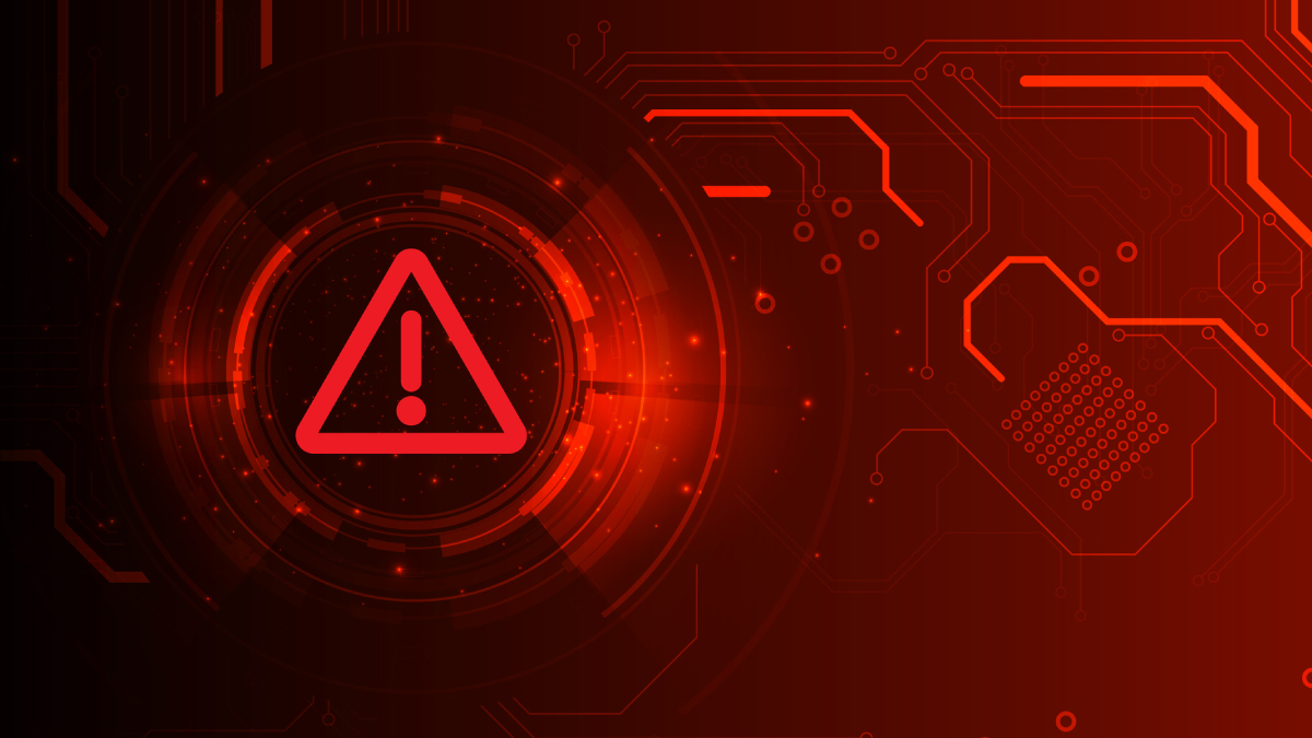 Glowing red warning triangle on a digital circuit background symbolizing AI-driven cyber threats.