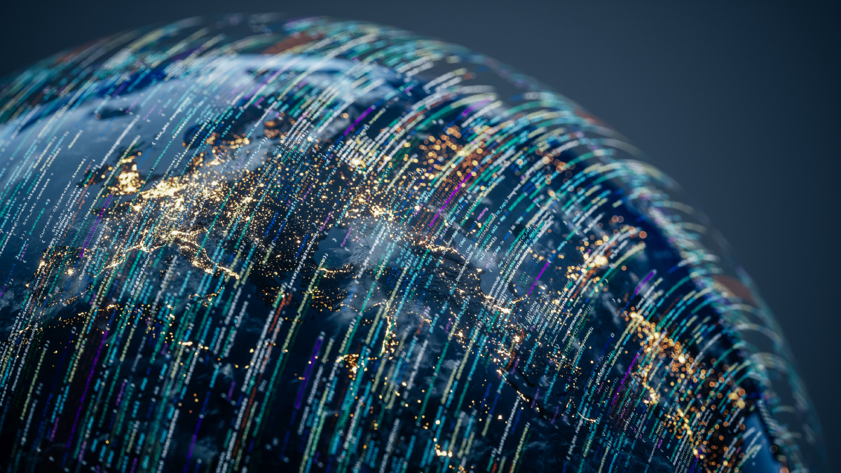 A stylized digital globe showing illuminated city lights across Europe and North America overlaid with dense, glowing lines of streaming data code to represent global satellite signals or electronic interference.