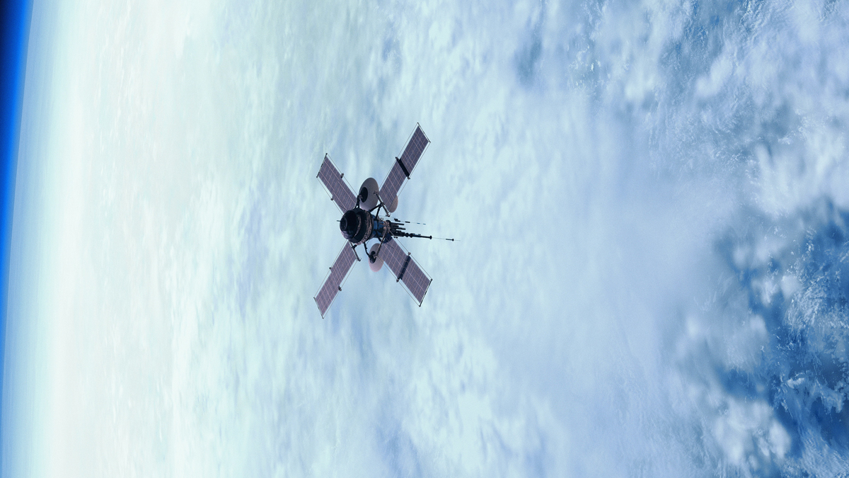 An Earth observation satellite with extended solar panels orbits above a cloud-covered Earth.