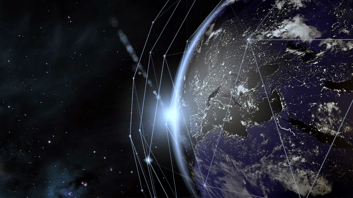 A satellite orbits the Earth above a glowing network of interconnected data points, illustrating the expansion of global IoT connectivity.
