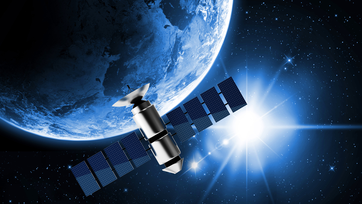 A satellite with solar panels orbits Earth against a bright star and a starry space background.