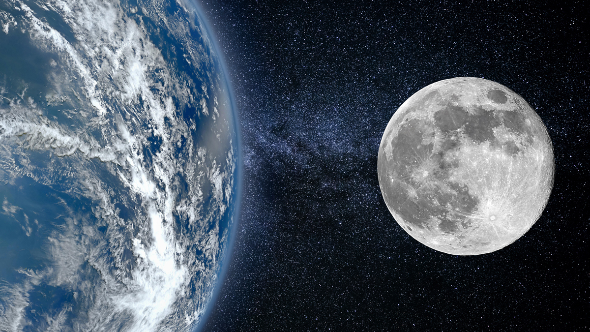 An orbital view of the Earth with white swirling clouds alongside a detailed, fully illuminated Moon set against a starry backdrop of space.