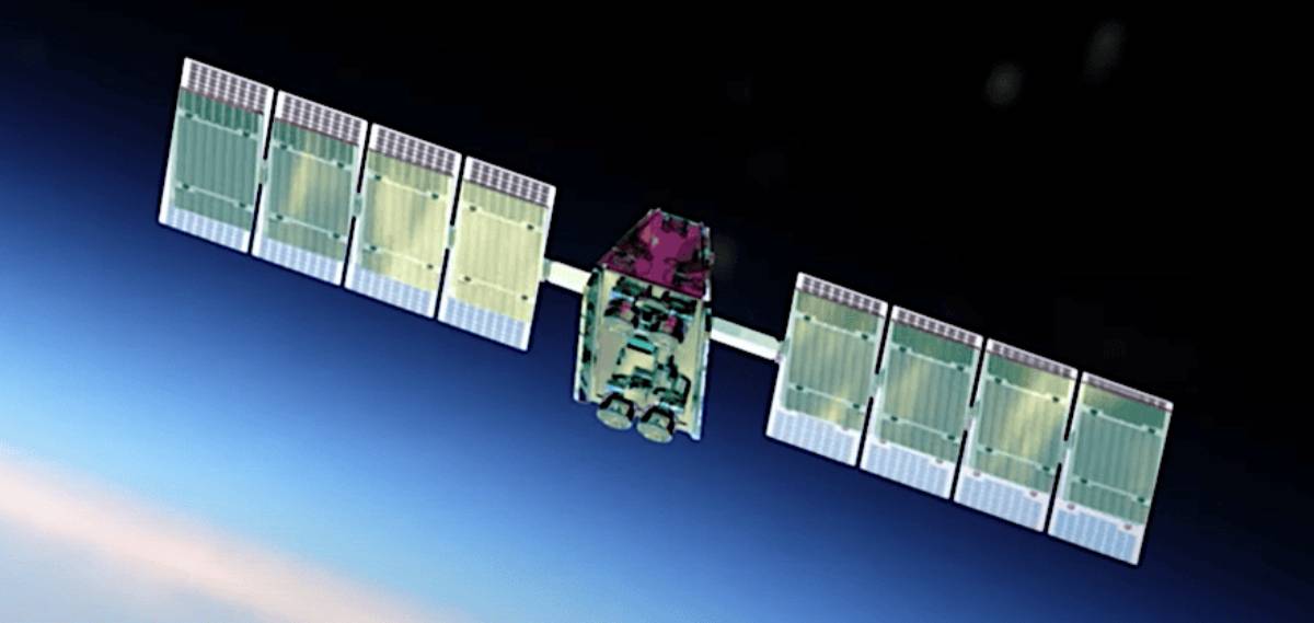 A digital rendering of MDA Space's Aurora software-defined digital satellite orbiting above Earth with its large solar arrays fully deployed.