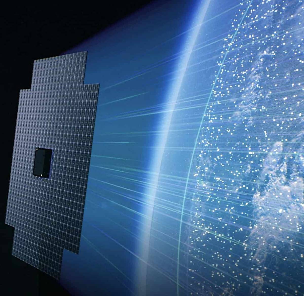 An artist's concept shows a large, blocky BlueWalker 3 satellite orbiting in space next to a curved, brightly lit Earth glowing with network connection lines.